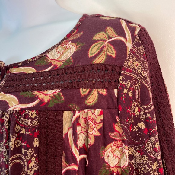 Paisley Floral Crochet Trim XL Peasant Prairie Top Tie Neck Boho Laura Ingalls - Picture 8 of 12